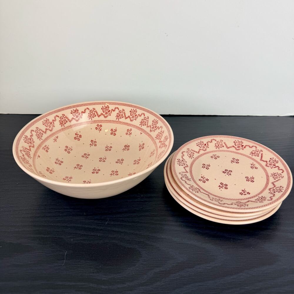 Johnson Brothers England Petite Fleur Pink Vegtable Bowl & 4 Bread Plates